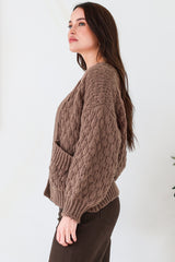 Manny Cardigan - Chunky Open Cropped Cable Knit with Rib Knit Trims and Pockets in Coffee