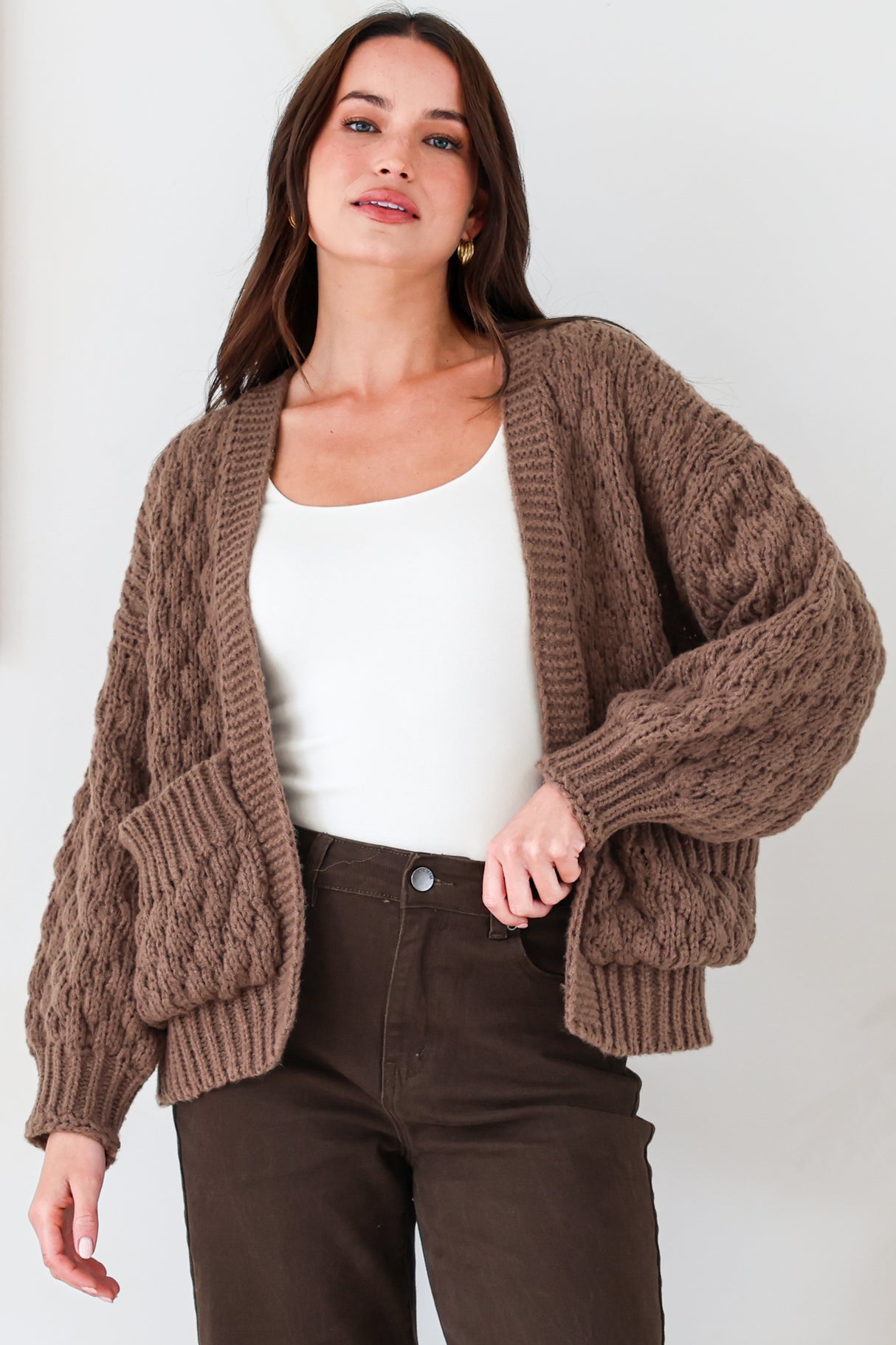 Manny Cardigan - Chunky Open Cropped Cable Knit with Rib Knit Trims and Pockets in Coffee