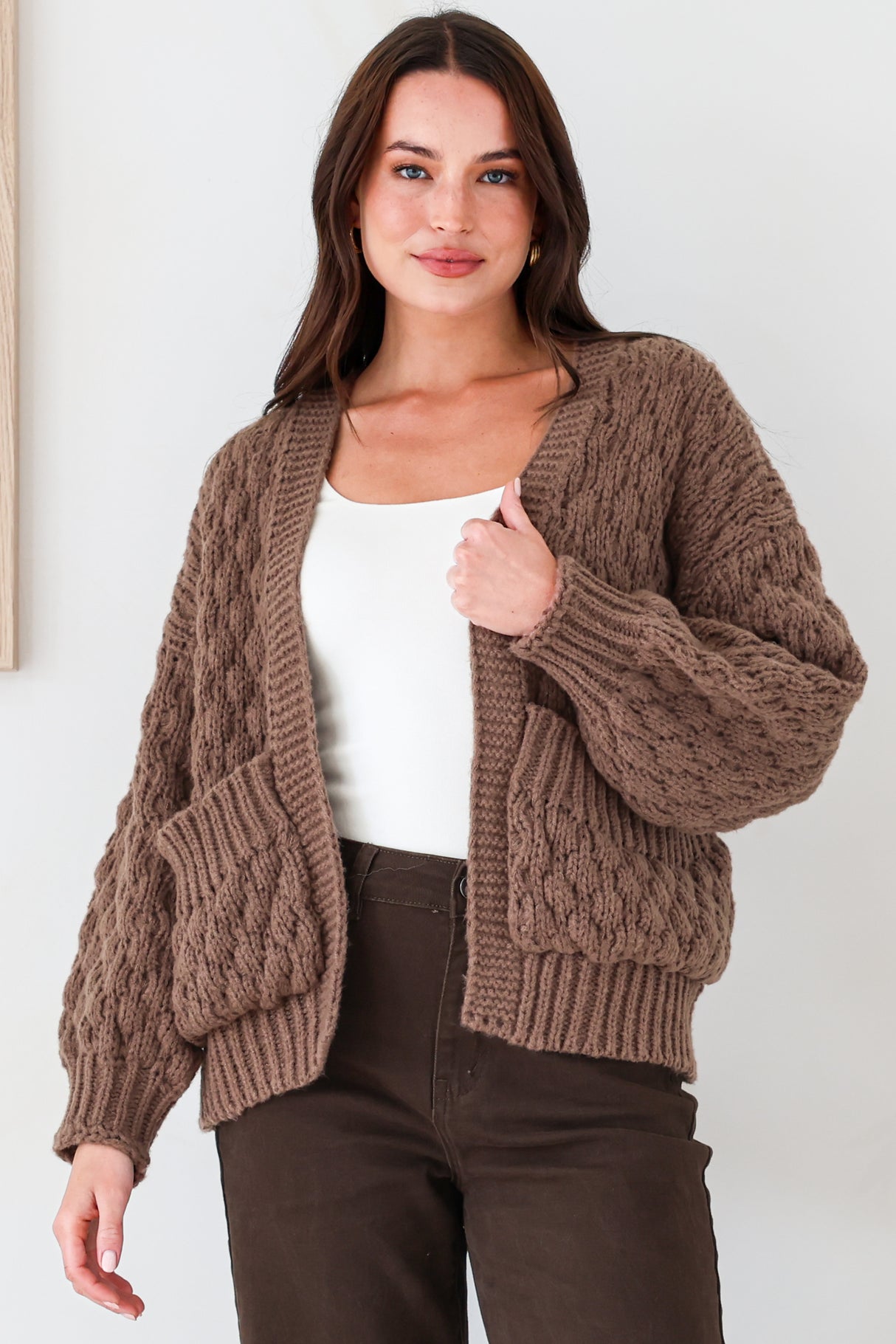 Manny Cardigan - Chunky Open Cropped Cable Knit with Rib Knit Trims and Pockets in Coffee