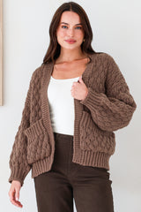 Manny Cardigan - Chunky Open Cropped Cable Knit with Rib Knit Trims and Pockets in Coffee