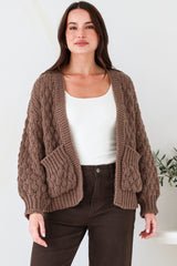 Manny Cardigan - Chunky Open Cropped Cable Knit with Rib Knit Trims and Pockets in Coffee