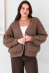 Manny Cardigan - Chunky Open Cropped Cable Knit with Rib Knit Trims and Pockets in Coffee
