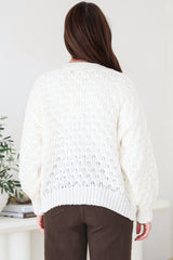 Manny Cardigan - Chunky Open Cropped Cable Knit with Rib Knit Trims and Pockets in Cream