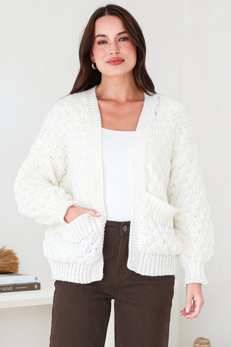 Model wearing Manny Cardigan in Cream from Salty Crush