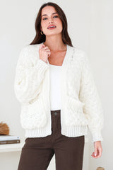 Manny Cardigan - Chunky Open Cropped Cable Knit with Rib Knit Trims and Pockets in Cream
