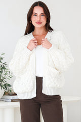 Manny Cardigan - Chunky Open Cropped Cable Knit with Rib Knit Trims and Pockets in Cream
