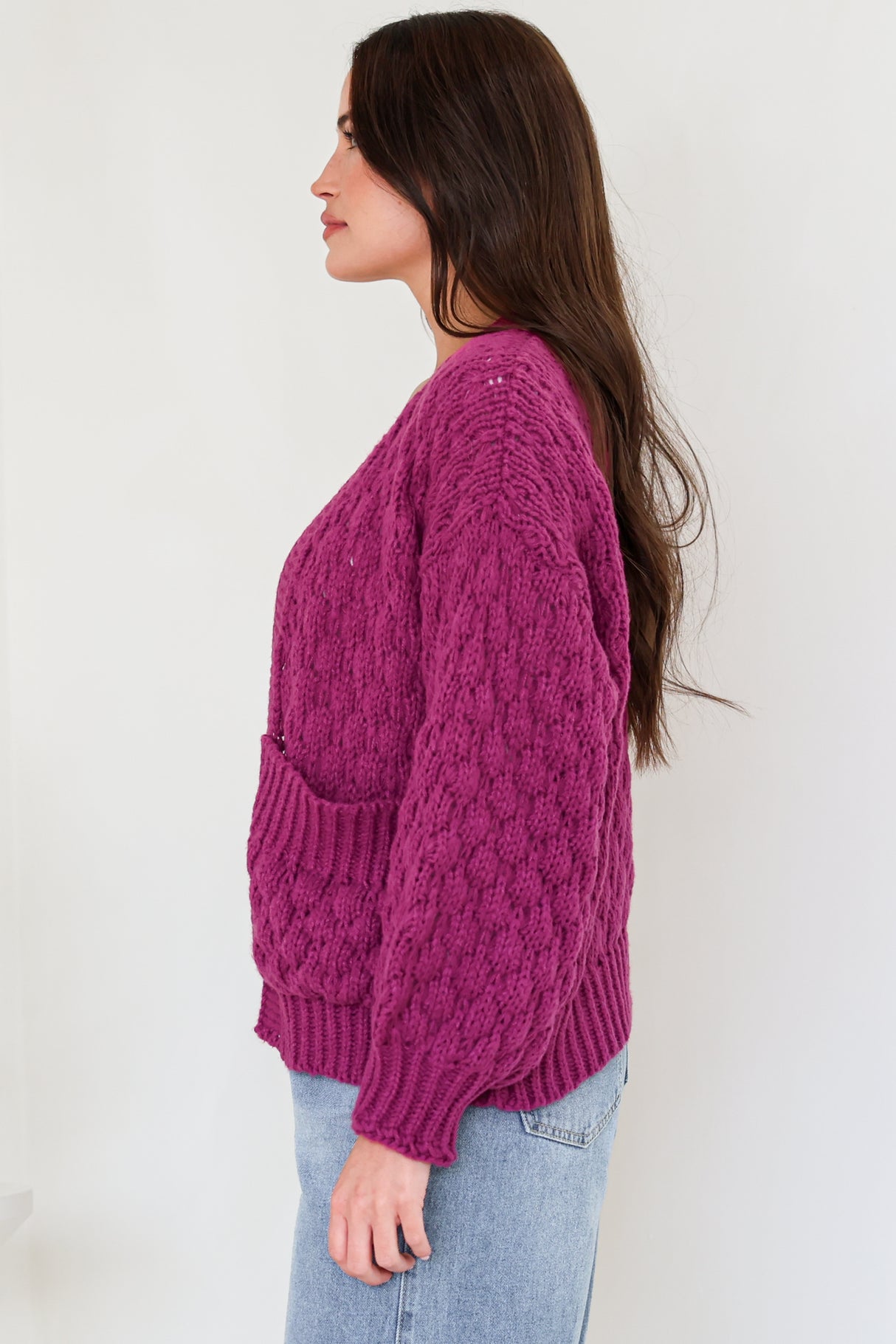 Manny Cardigan - Chunky Open Cropped Cable Knit with Rib Knit Trims and Pockets in Grape