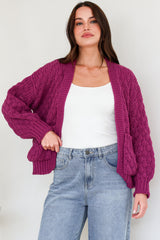 Manny Cardigan - Chunky Open Cropped Cable Knit with Rib Knit Trims and Pockets in Grape