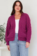 Manny Cardigan - Chunky Open Cropped Cable Knit with Rib Knit Trims and Pockets in Grape