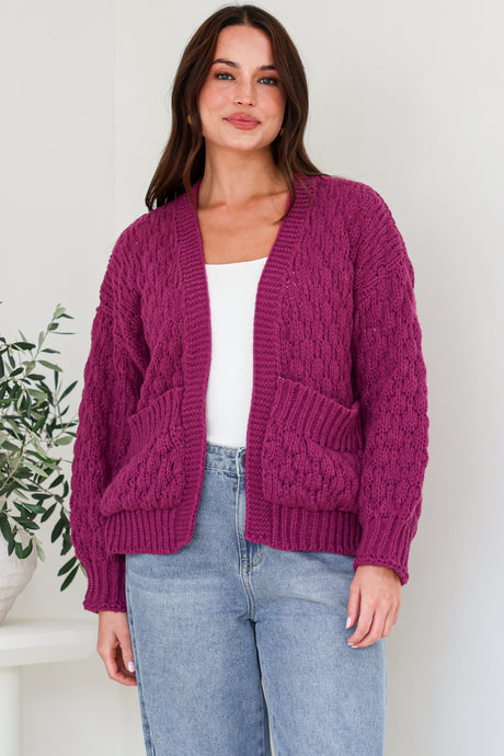 Manny Cardigan - Chunky Open Cropped Cable Knit with Rib Knit Trims and Pockets in Grape