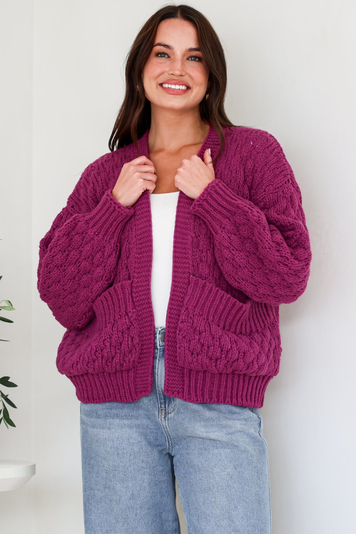 Manny Cardigan - Chunky Open Cropped Cable Knit with Rib Knit Trims and Pockets in Grape