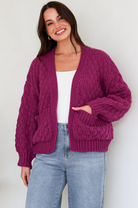Model wearing Manny Cardigan in Grape from Salty Crush