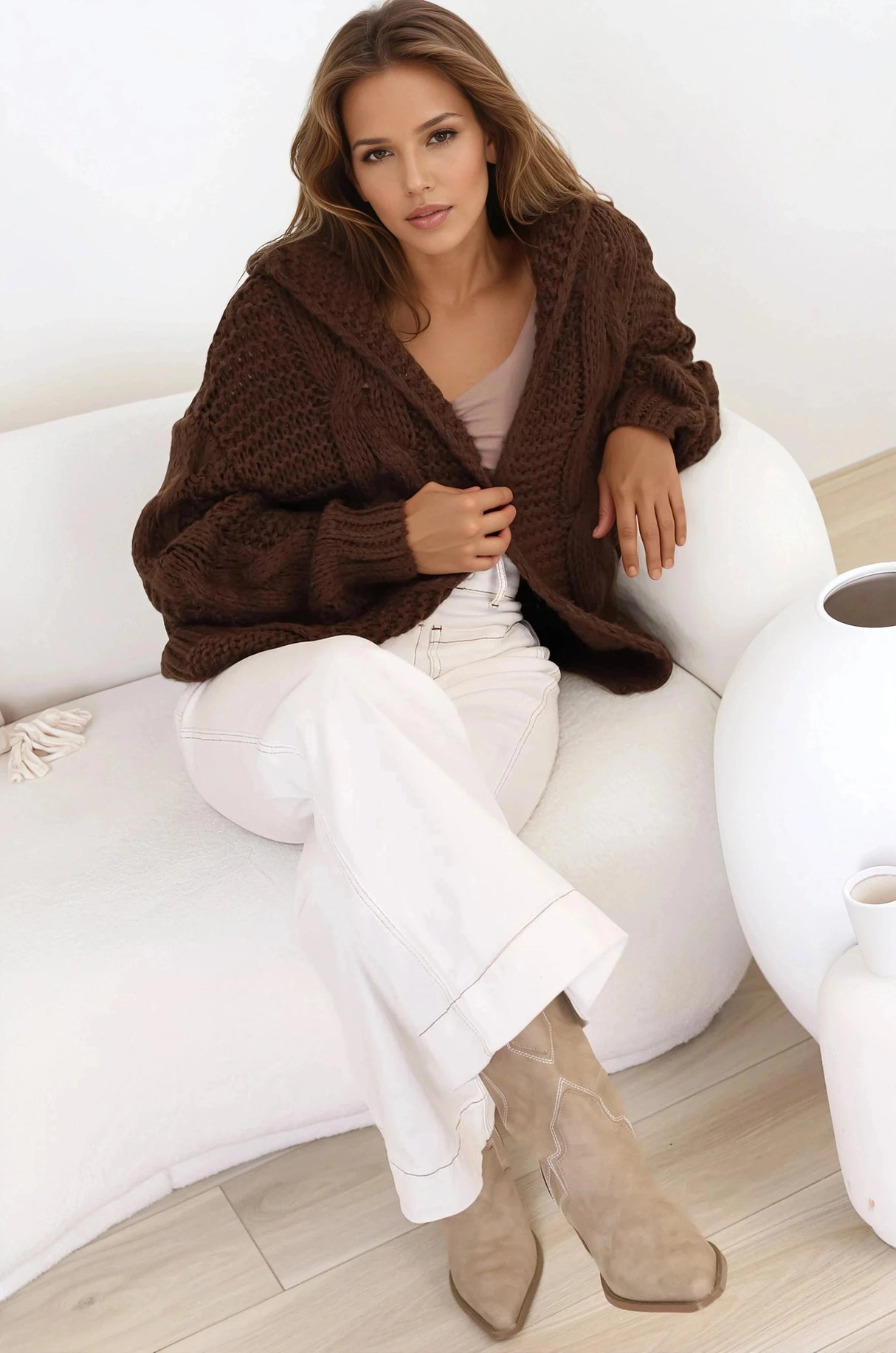 Maple Knit - Chunky Cable Knit Hooded Crop Cardigan in Brown
