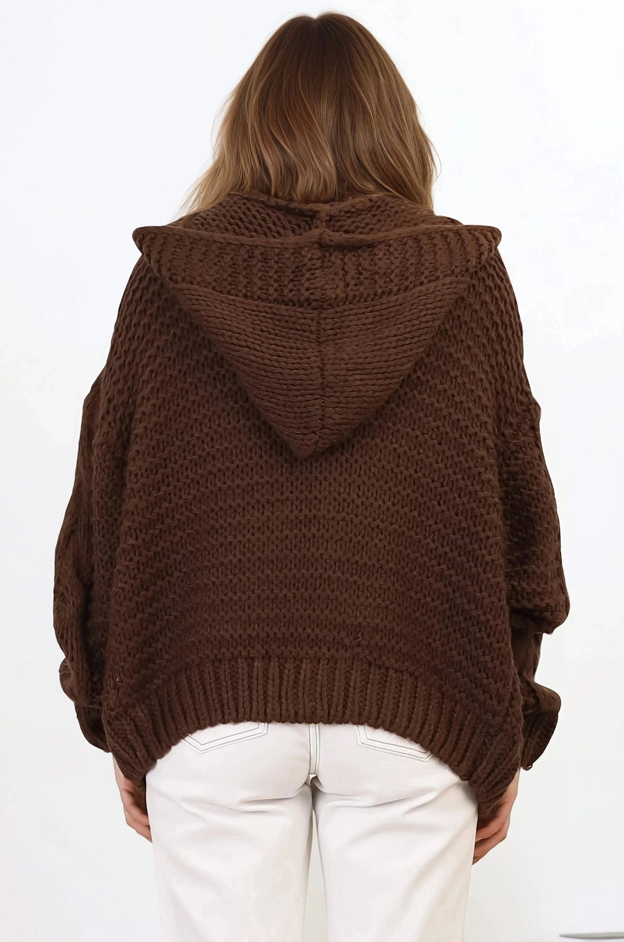Maple Knit - Chunky Cable Knit Hooded Crop Cardigan in Brown