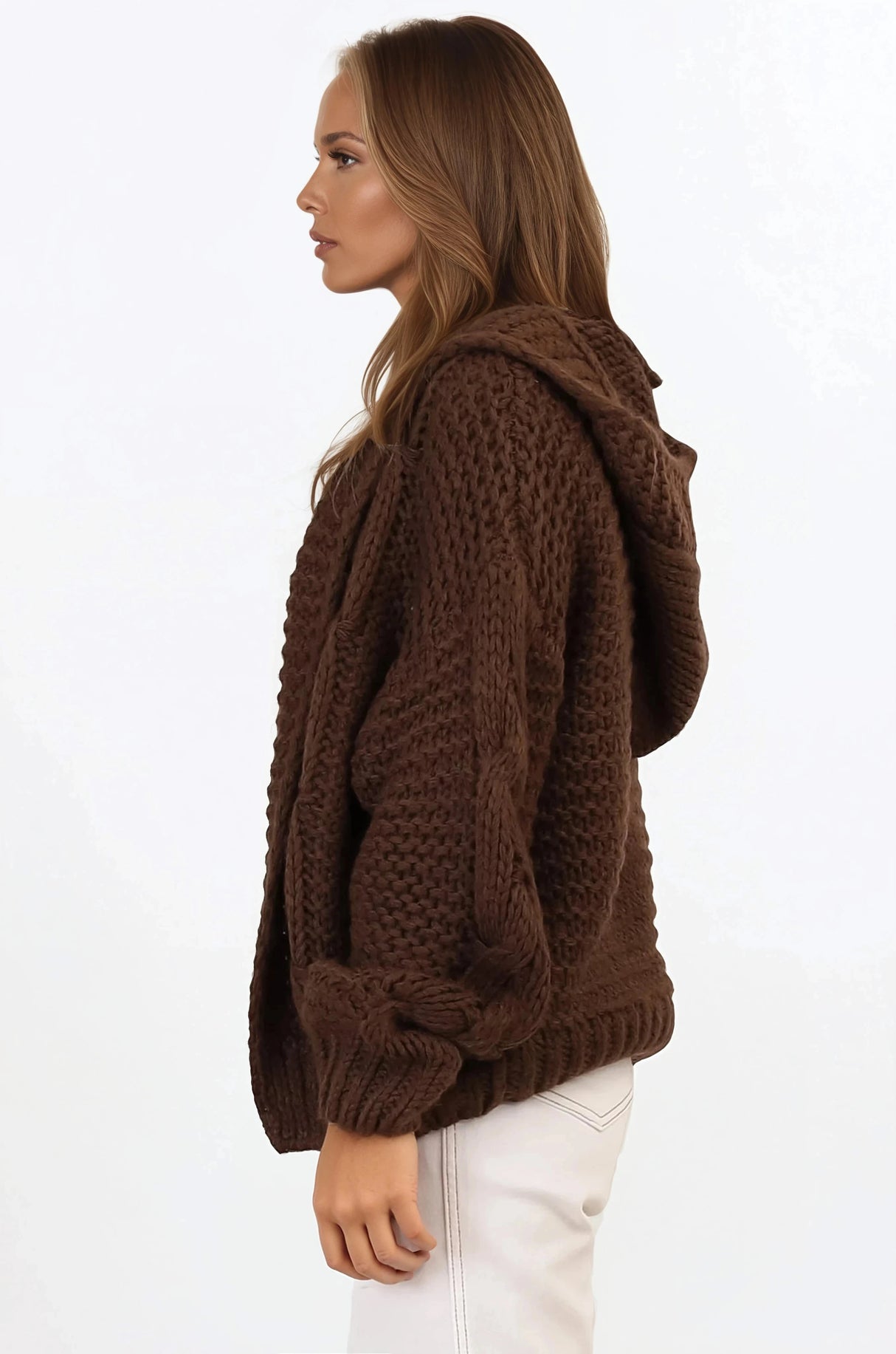 Maple Knit - Chunky Cable Knit Hooded Crop Cardigan in Brown