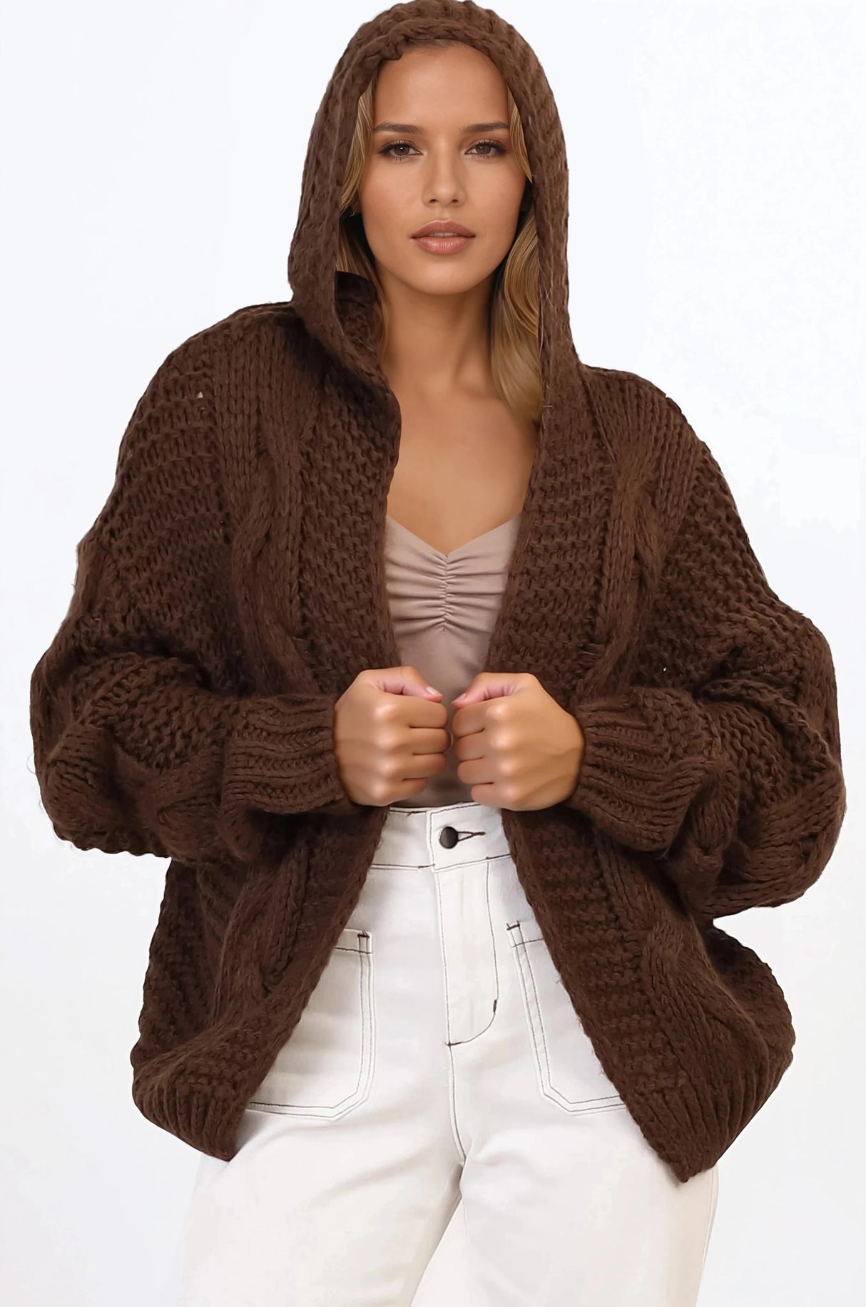 Maple Knit - Chunky Cable Knit Hooded Crop Cardigan in Brown