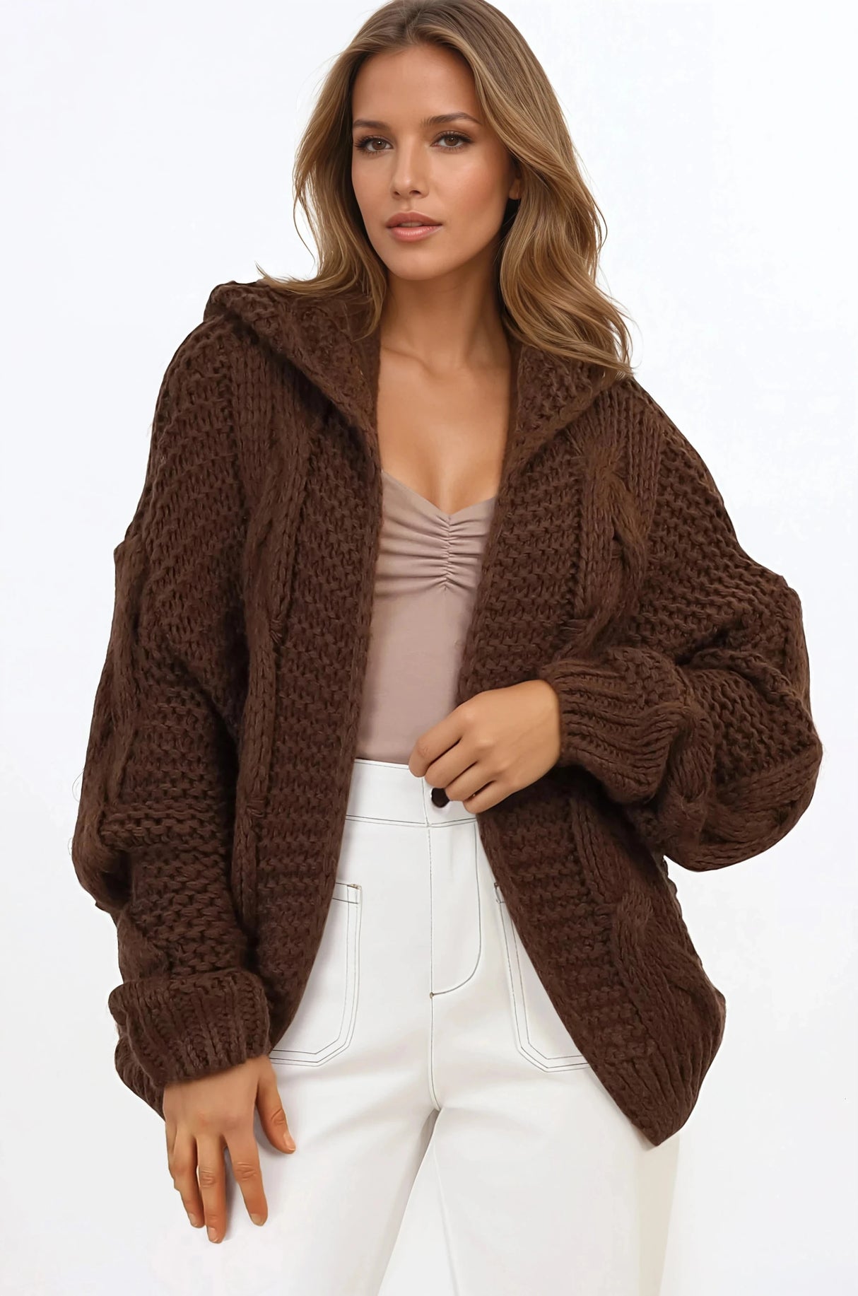Maple Knit - Chunky Cable Knit Hooded Crop Cardigan in Brown
