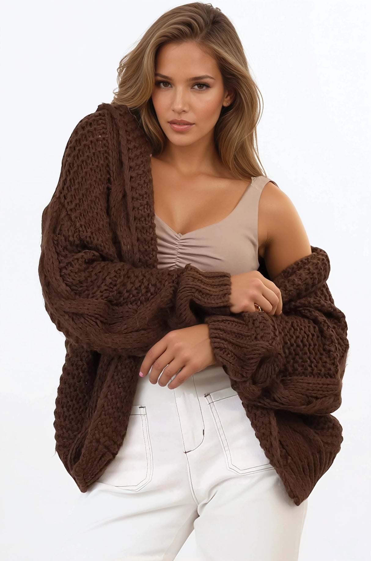 Maple Knit - Chunky Cable Knit Hooded Crop Cardigan in Brown