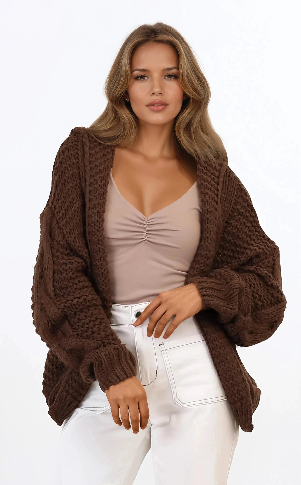 Maple Knit - Chunky Cable Knit Hooded Crop Cardigan in Brown