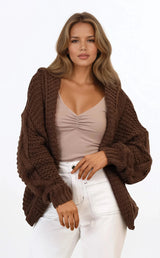 Maple Knit - Chunky Cable Knit Hooded Crop Cardigan in Brown