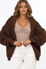 Maple Knit - Chunky Cable Knit Hooded Crop Cardigan in Brown
