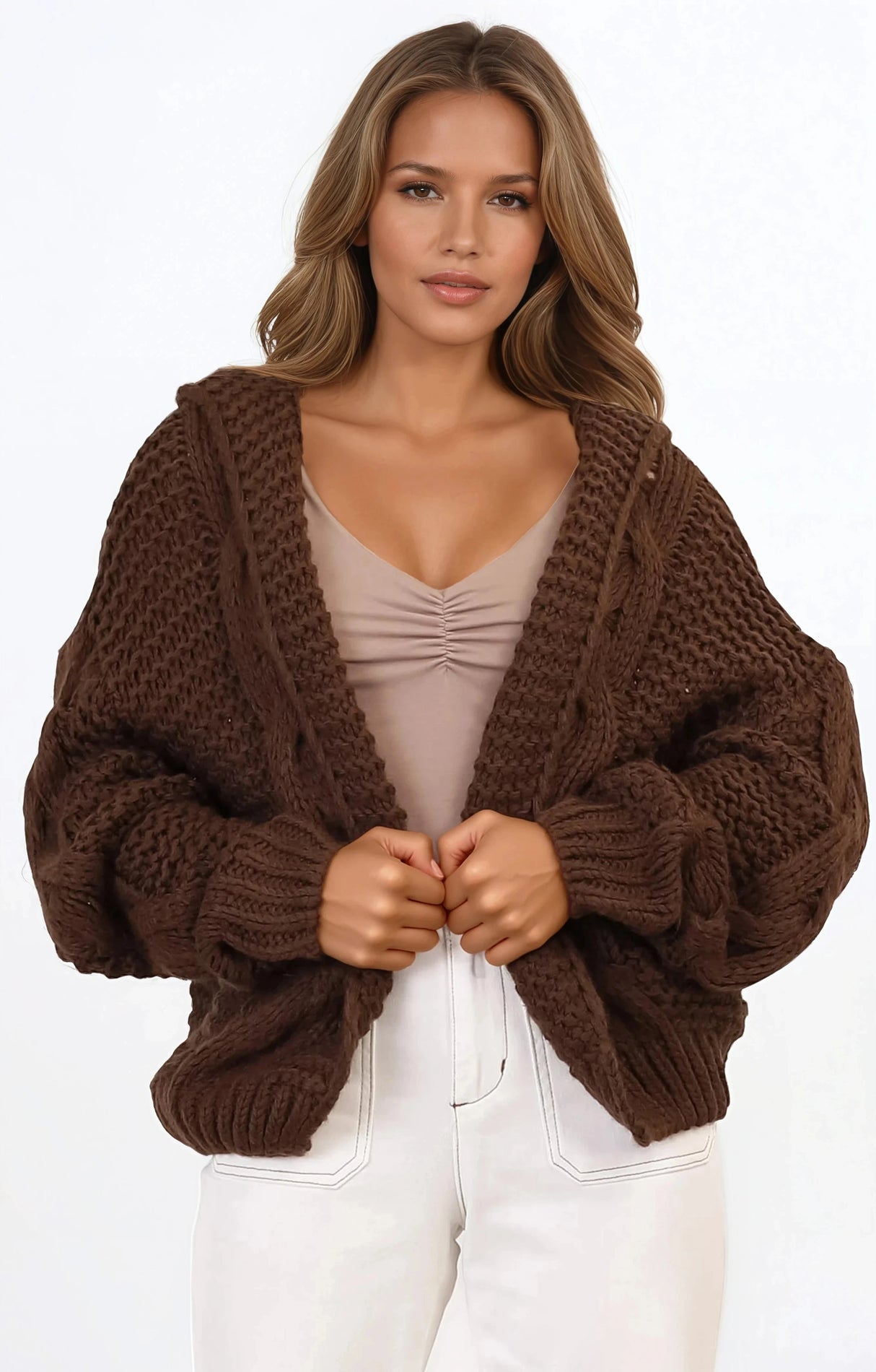 Maple Knit - Chunky Cable Knit Hooded Crop Cardigan in Brown