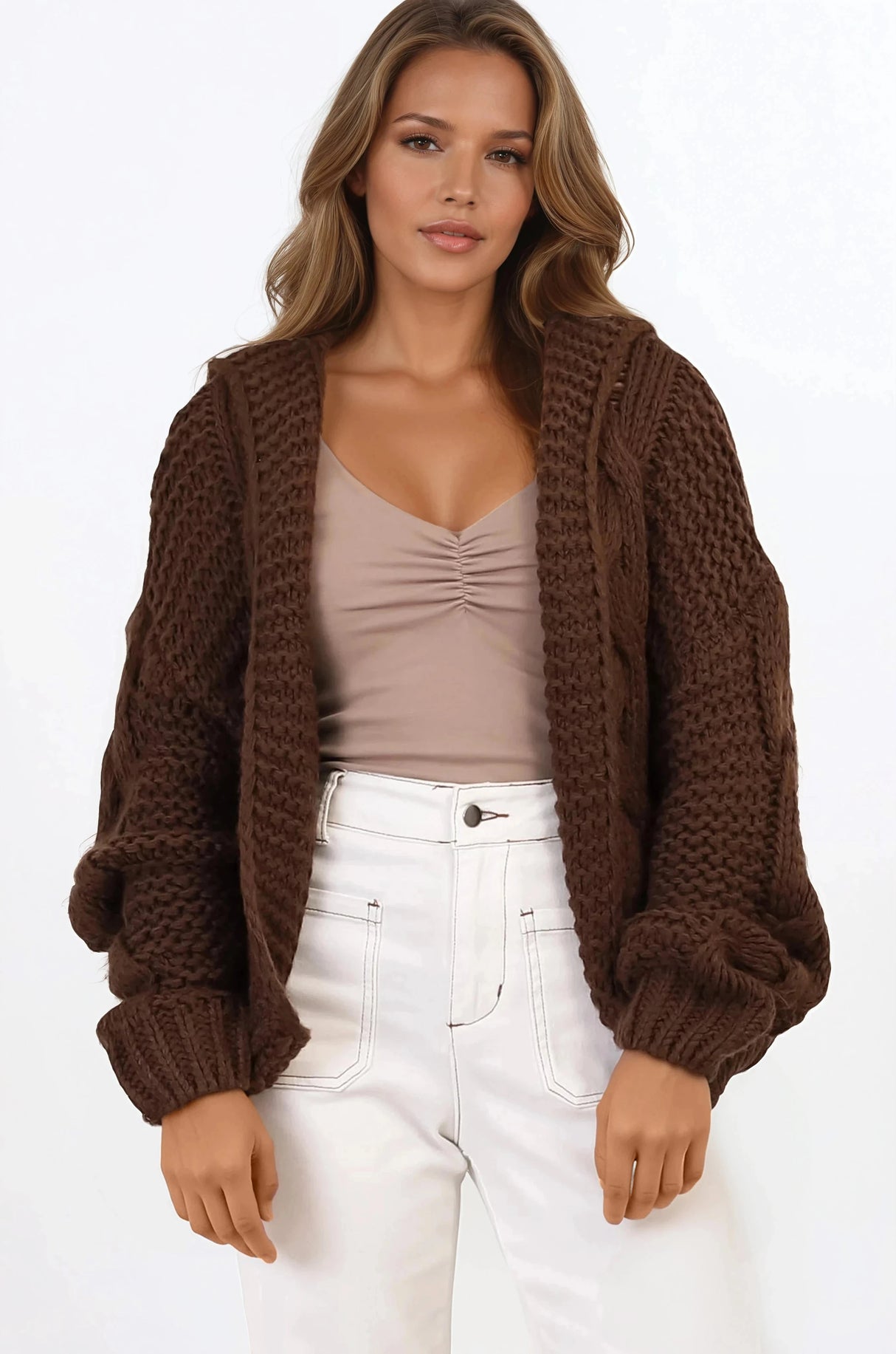 Maple Knit - Chunky Cable Knit Hooded Crop Cardigan in Brown
