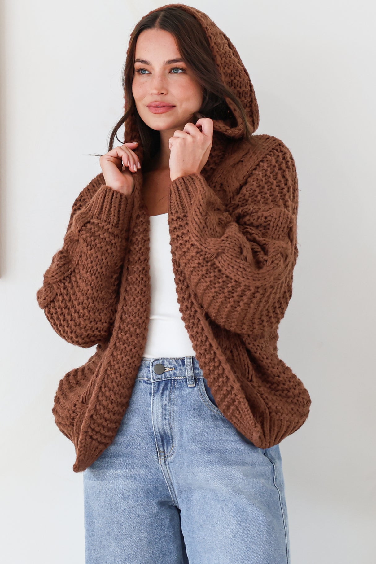 Maple Knit - Chunky Cable Knit Hooded Crop Cardigan in Coffee