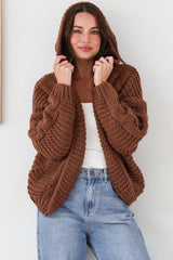 Maple Knit - Chunky Cable Knit Hooded Crop Cardigan in Coffee