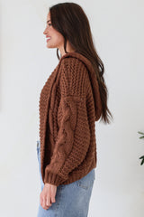 Maple Knit - Chunky Cable Knit Hooded Crop Cardigan in Coffee