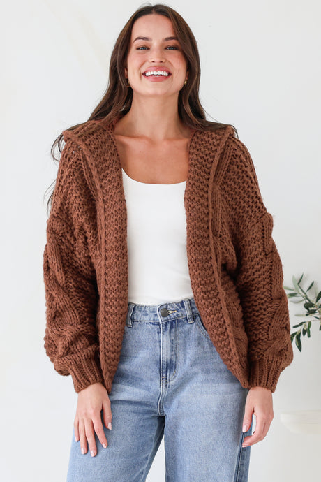 Maple Knit - Chunky Cable Knit Hooded Crop Cardigan in Coffee