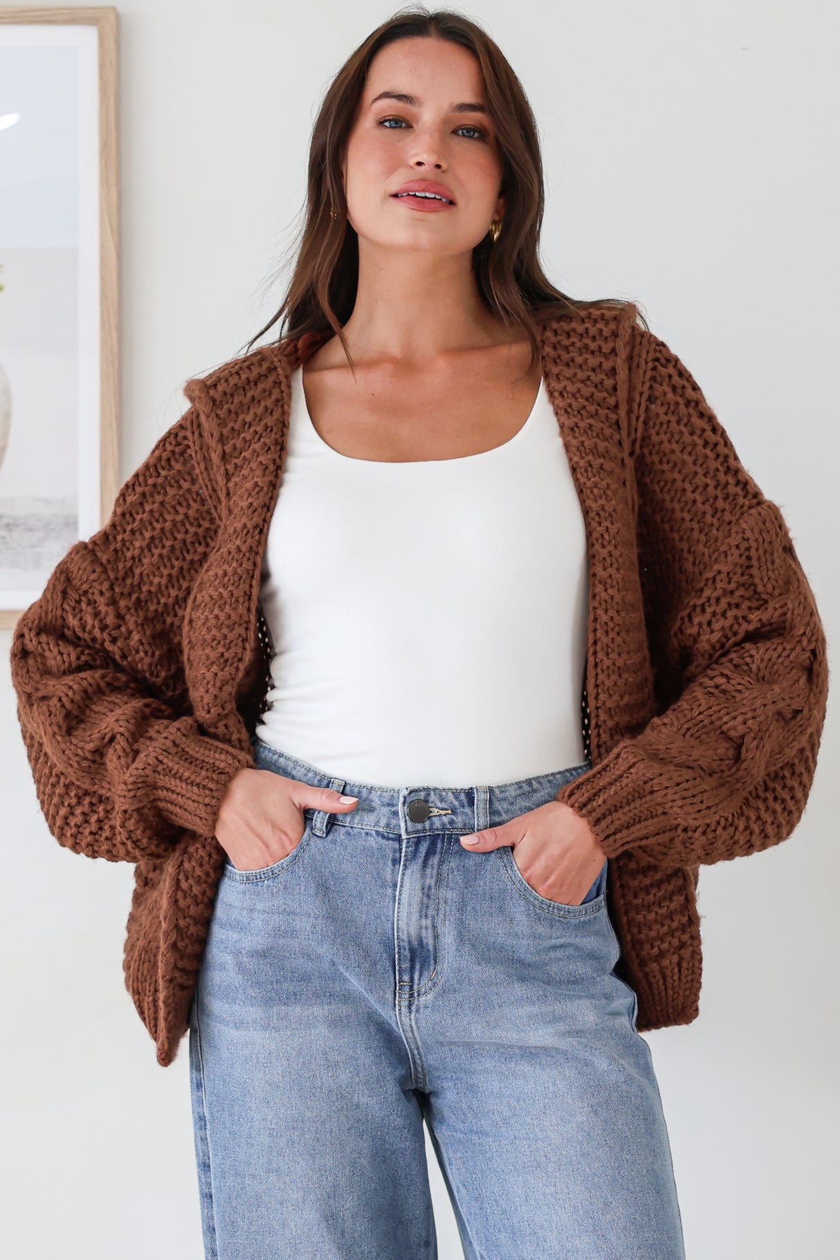 Maple Knit - Chunky Cable Knit Hooded Crop Cardigan in Coffee