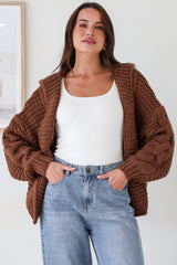Maple Knit - Chunky Cable Knit Hooded Crop Cardigan in Coffee