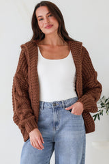 Maple Knit - Chunky Cable Knit Hooded Crop Cardigan in Coffee