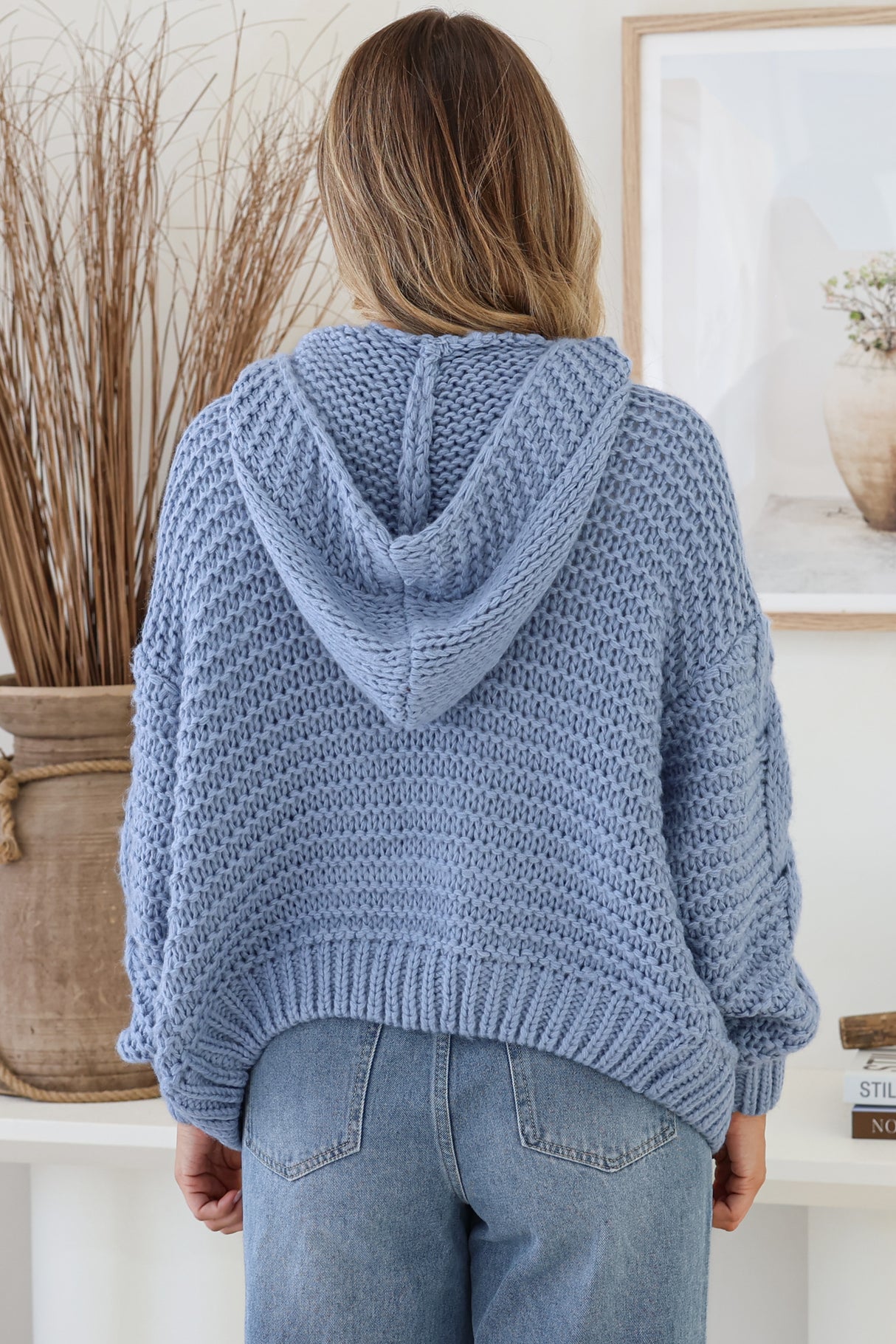 Maple Knit - Chunky Cable Knit Hooded Crop Cardigan in Cornflower Blue
