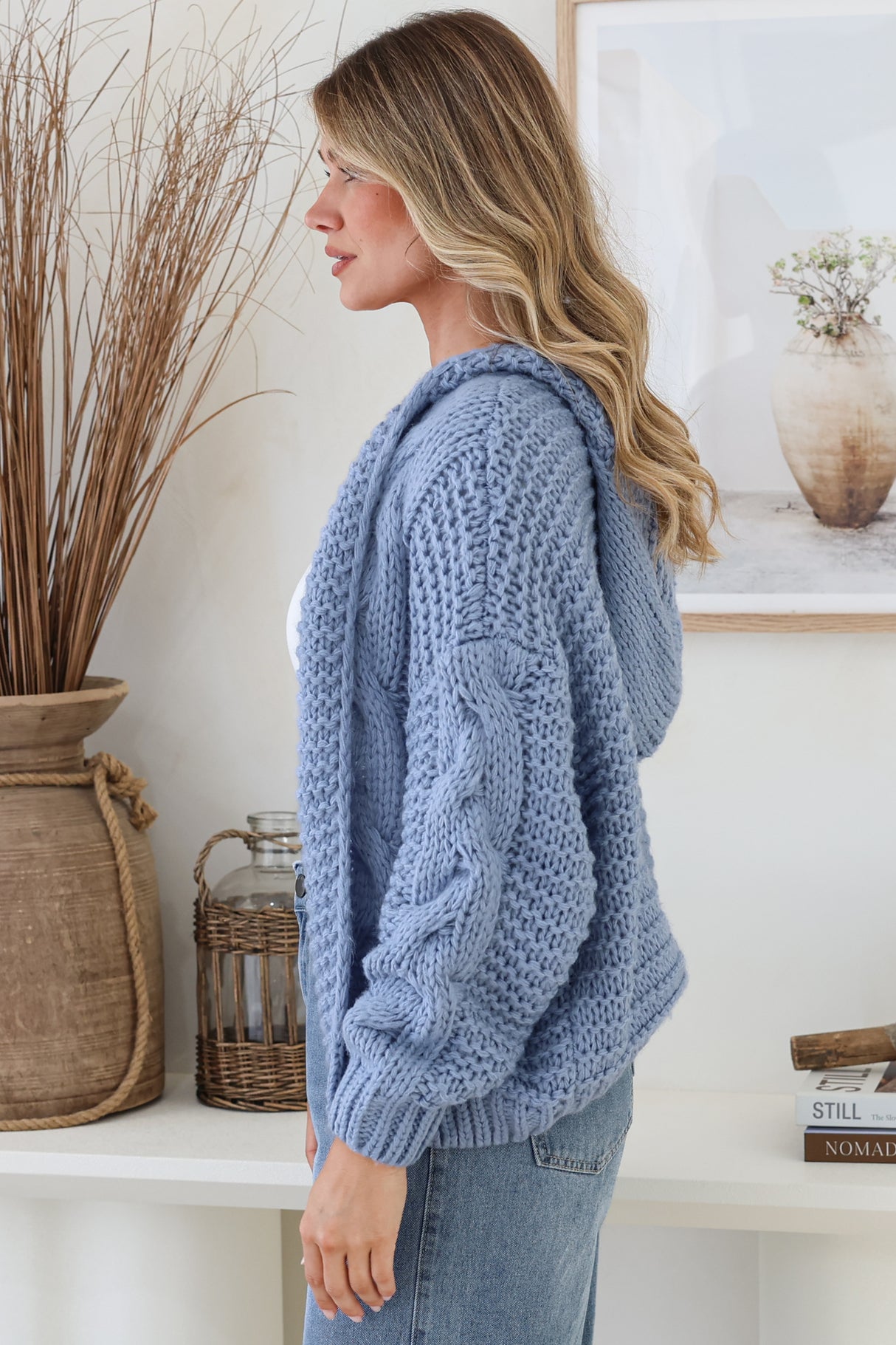 Maple Knit - Chunky Cable Knit Hooded Crop Cardigan in Cornflower Blue