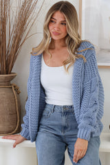 Maple Knit - Chunky Cable Knit Hooded Crop Cardigan in Cornflower Blue