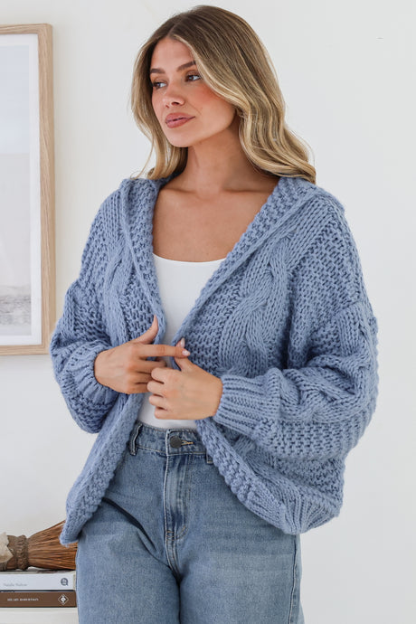 Maple Knit - Chunky Cable Knit Hooded Crop Cardigan in Cornflower Blue