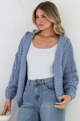 Maple Knit - Chunky Cable Knit Hooded Crop Cardigan in Cornflower Blue