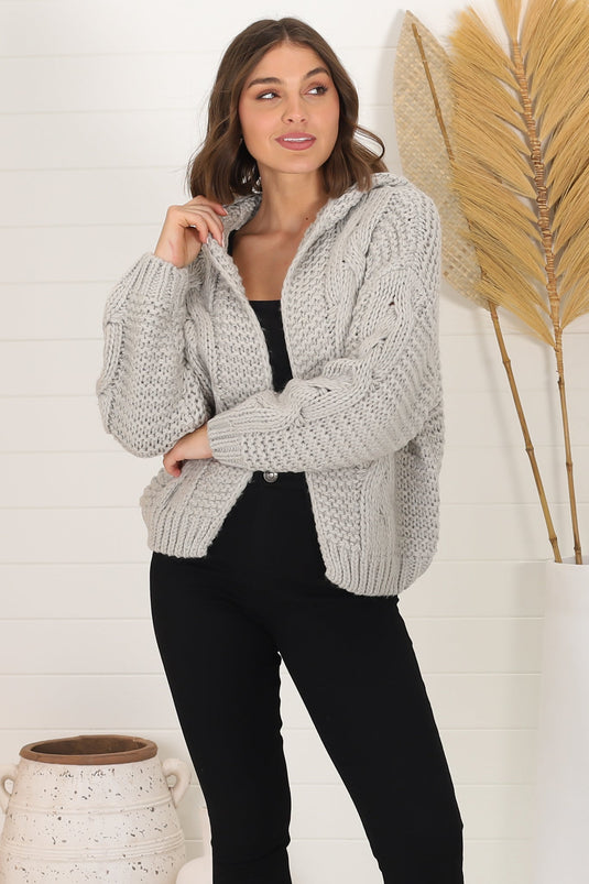 Maple Knit - Chunky Cable Knit Hooded Crop Cardigan in Grey