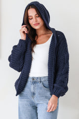 Maple Knit - Chunky Cable Knit Hooded Crop Cardigan in Navy