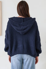 Maple Knit - Chunky Cable Knit Hooded Crop Cardigan in Navy