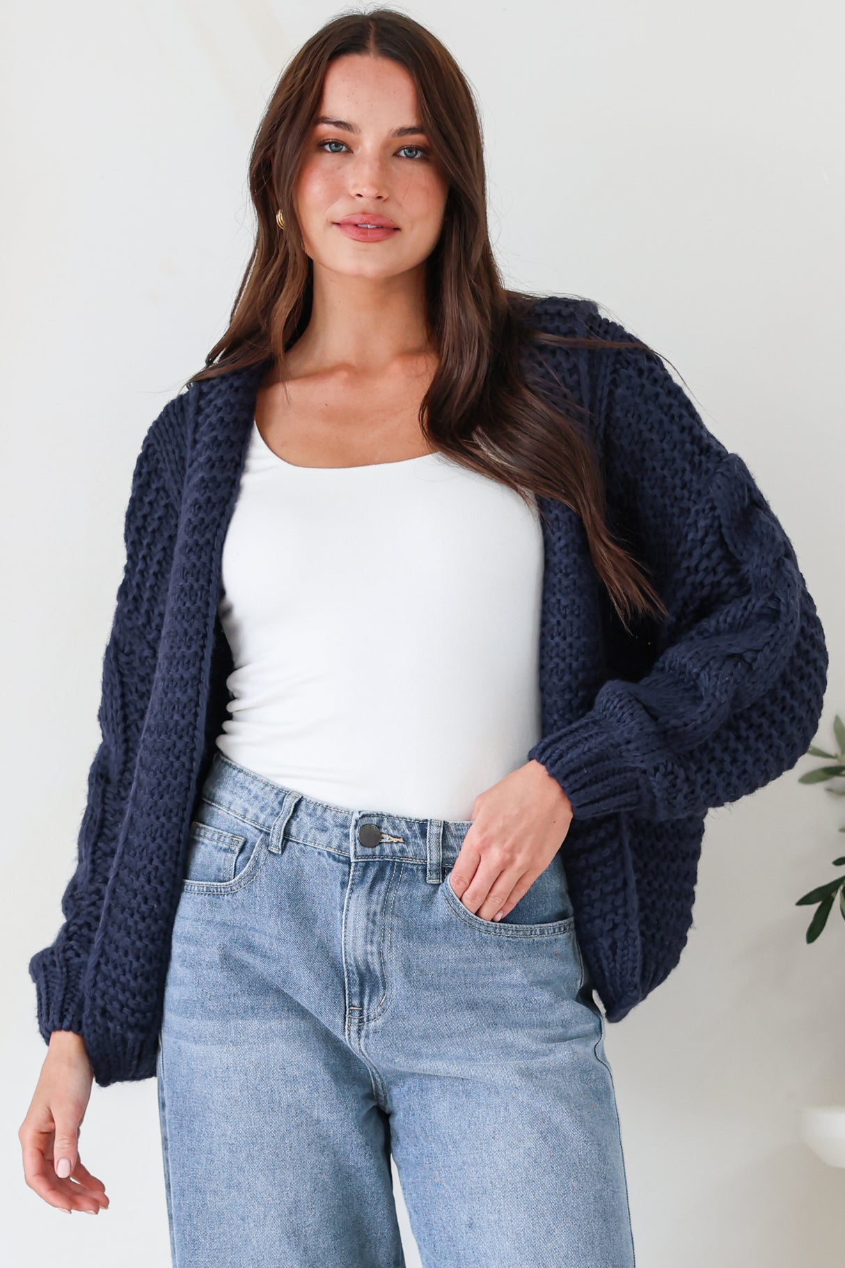 Maple Knit - Chunky Cable Knit Hooded Crop Cardigan in Navy