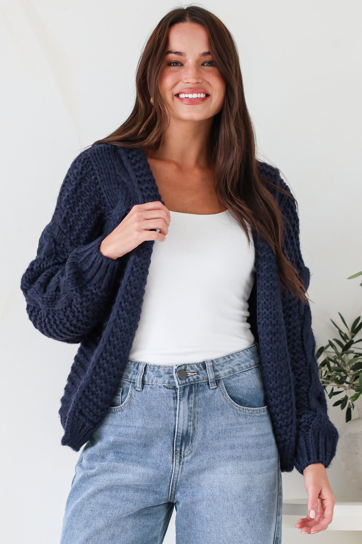 Maple Knit - Chunky Cable Knit Hooded Crop Cardigan in Navy
