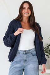 Maple Knit - Chunky Cable Knit Hooded Crop Cardigan in Navy