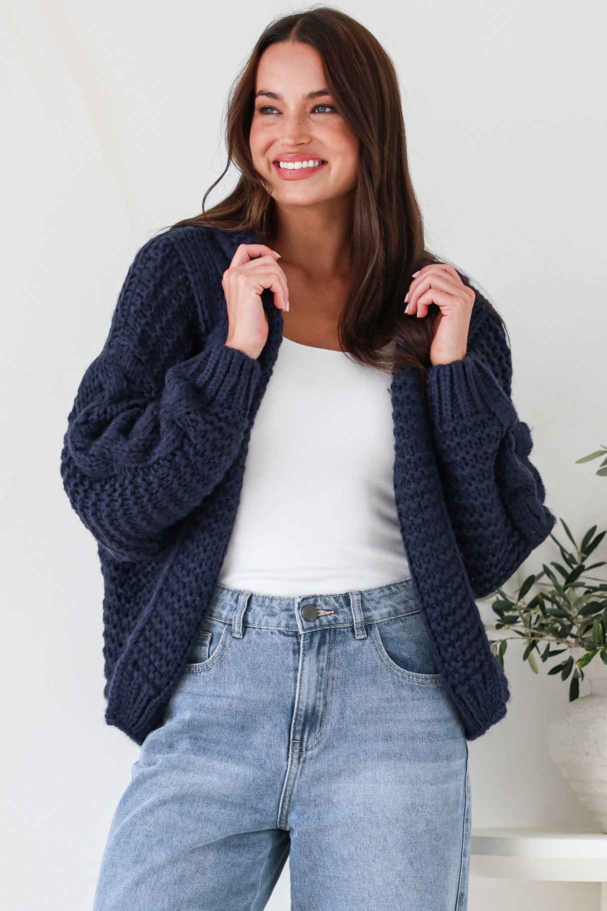 Maple Knit - Chunky Cable Knit Hooded Crop Cardigan in Navy