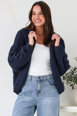 Maple Knit - Chunky Cable Knit Hooded Crop Cardigan in Navy