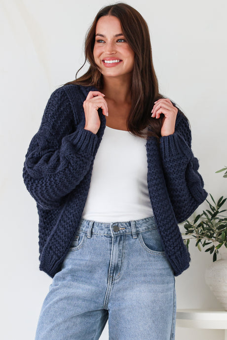 Maple Knit - Chunky Cable Knit Hooded Crop Cardigan in Navy
