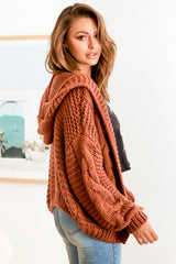 Maple Knit - Chunky Cable Knit Hooded Crop Cardigan in Rust