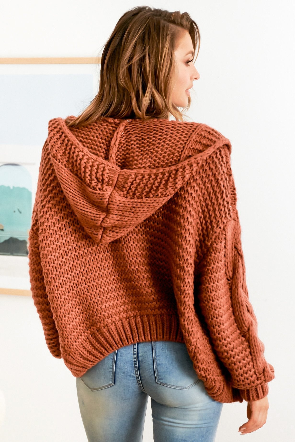 Maple Knit - Chunky Cable Knit Hooded Crop Cardigan in Rust